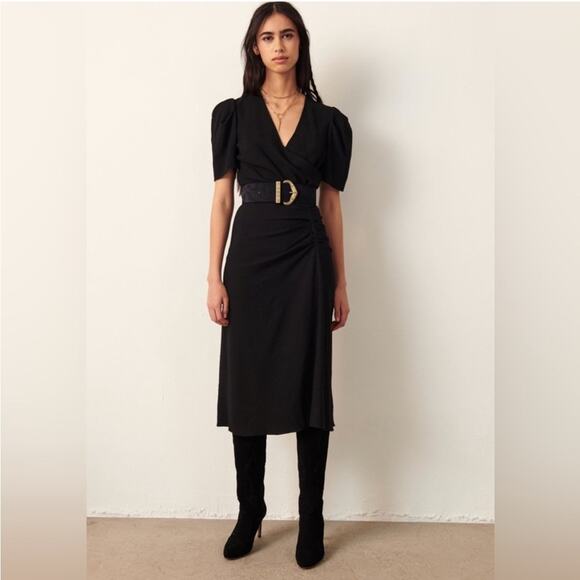 BA&SH Oya Wool Blend Dark Blue V Neck Short Sleeve Faux Wrap Office Midi Dress M - Picture 5 of 9